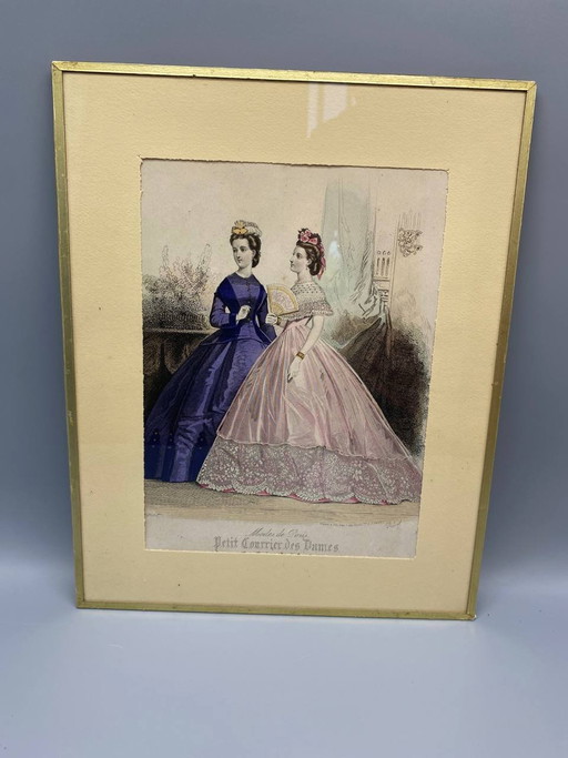 Incisione di moda del XIX secolo incorniciata e colorata, Petit Courrier des Dames – decoratieve objecten, Glass