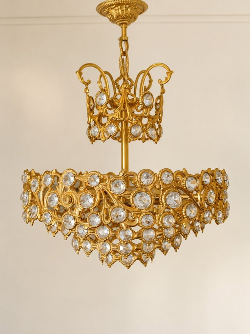 Lampadario PALWA in ottone placcato oro 24K e cristallo, Germania, anni '60-'70