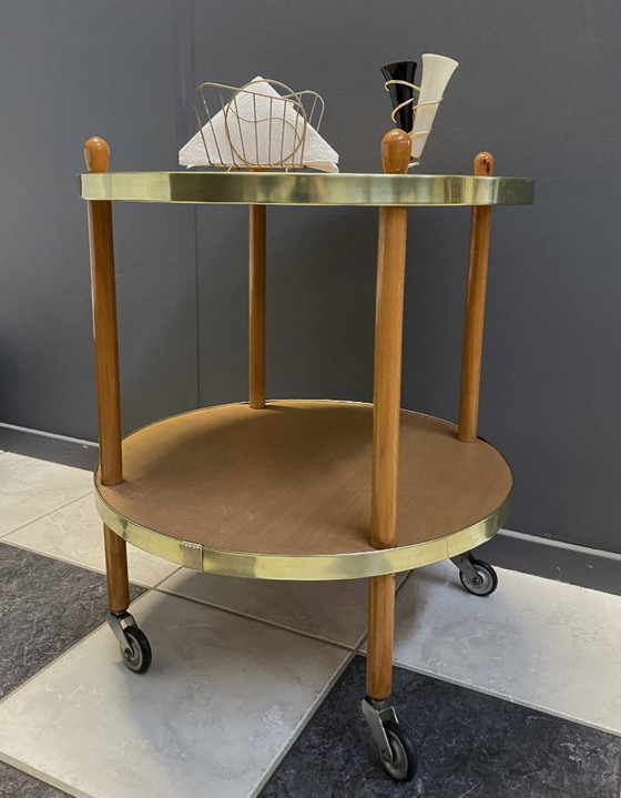 Image 1 of Wood Round Serving Trolley Side Table 1960s