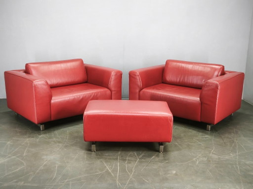 Fauteuils Lounge Oversize en Cuir Rouge et Ottoman Wittmann, Autriche