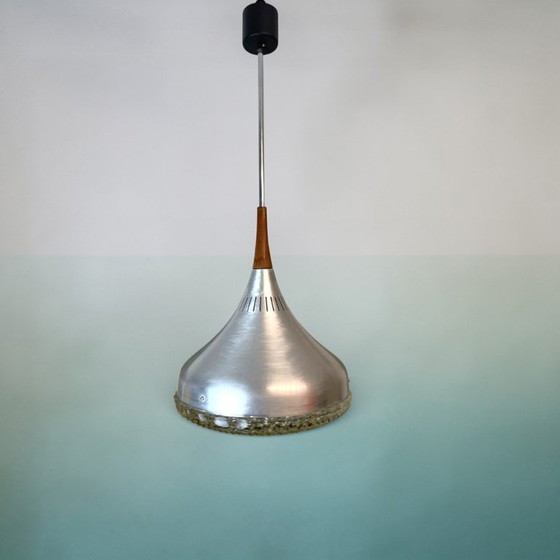Image 1 of Scandinavian Mid Century Modern Chromed Aluminium Hanging Light with Wooden Accent, 1970s