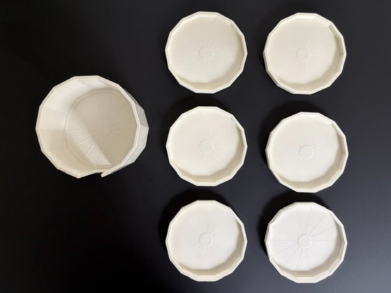 Image 1 of Vintage plastic coasters with holder | Set of 6 | Geometric | Cream
