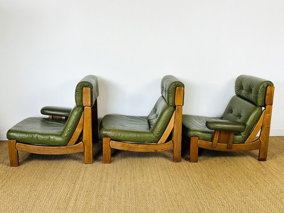 Image 1 of Scandinavian sofa in green leather and oak, 1960, Set of 3