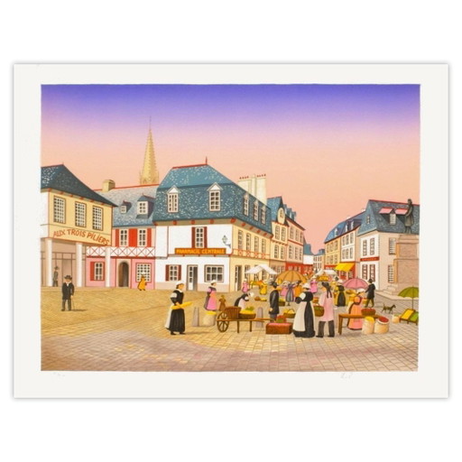 François FANCH LEDAN Bretagna - Pontivy - Place du Martray Litografia firmata 198