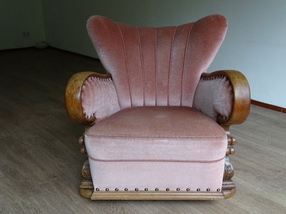 Image 1 of ⚠️ 2 sur 4 encore disponibles | Fauteuils club Art déco (env. 1920-1950) | Velours rose poudré | Chêne sculpté