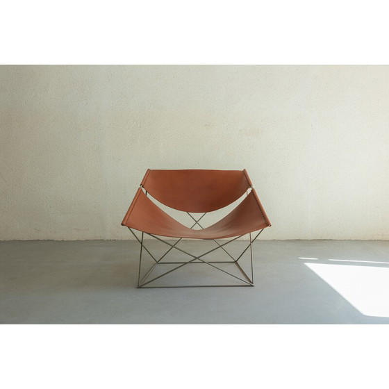 Image 1 of Fauteuil vintage "Butterfly" en métal et cuir havane par Pierre Paulin, 1965