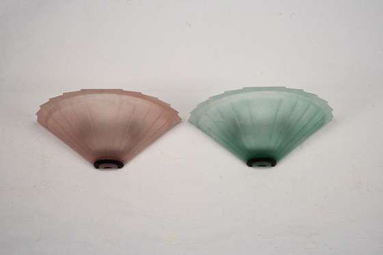 Image 1 of Pair of De Majo sconces in thick pink and green murano glass. Italy 1980s