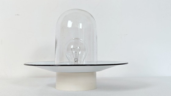 Image 1 of Vintage Industrial Enamel Wall Sconce / 1970s Yugoslavia TEP Era Flush Mount Ceiling Light / Clear Glass Capsule Lamp 