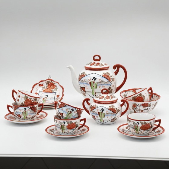 Image 1 of Service à thé Kutani japonais ancien du XXe siècle – Porcelaine peinte à la main