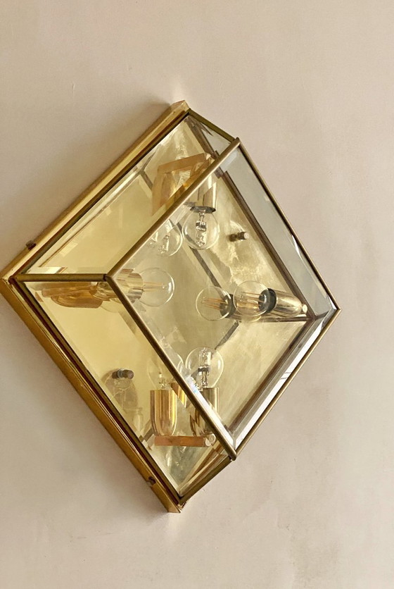 Plafoniera quadrata in ottone dorato e vetro, Plafoniere, Vintage (foto 3 di 5)