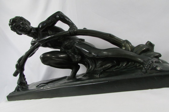 Image 1 of Plaster sculpture with a green bronze patina, signed BON