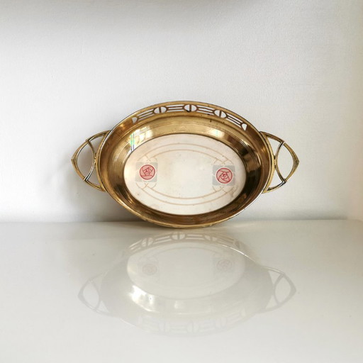 Antigua Bandeja Art Deco De Porcelana Y Latón