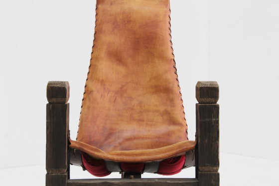 Image 1 of Vintage Brutalist tripod chair leather and wood