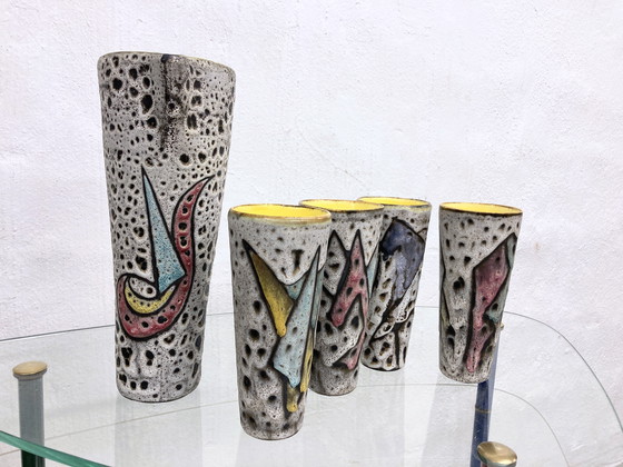 Image 1 of French studio ceramics from Vallauris 1 jug + 4 mugs by Marius Bessone