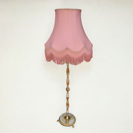 Rarity! Mid - Century floor lamp with pink velvet shade & fringes - brass base with marble decoration