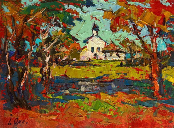 Image 1 of Original Oil Painting Autumn Church Landscape Autumn bell ringing of the church tower