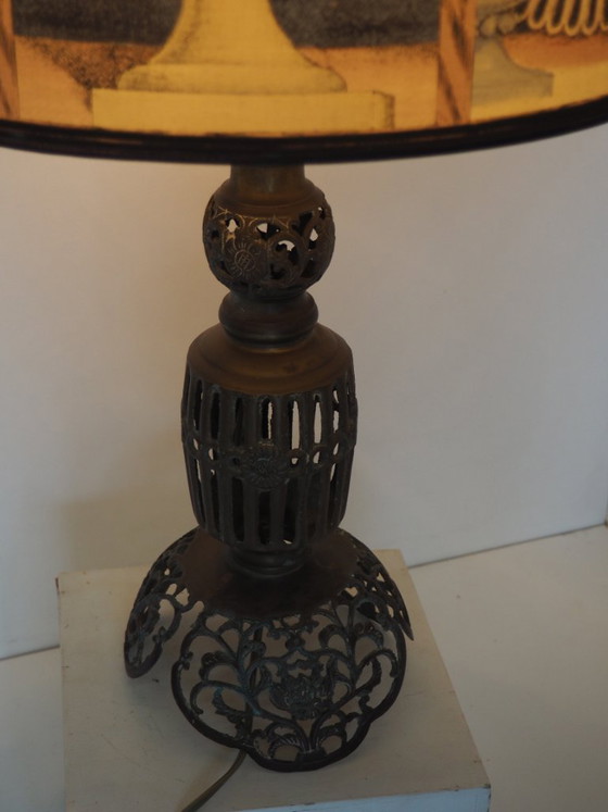Image 1 of Large Filagree bronze table lamp/shadow Fornasetti fabric