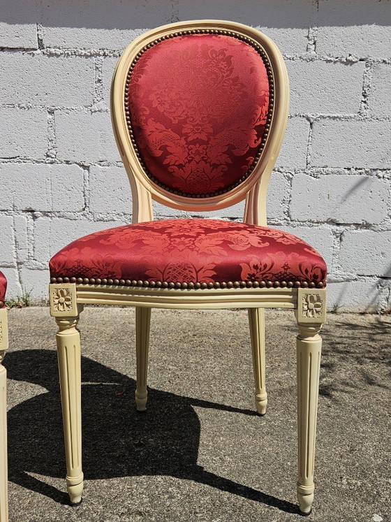 Image 1 of Set van 4 antieke Franse damaststoelen met medaillonmotief - gestoffeerde Louis XVI-stoelen - jaren 1900