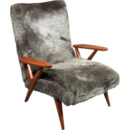Poltrona vintage scandinava in faggio e tessuti di peluche, anni '50