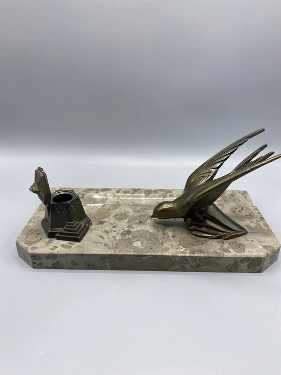 Art Deco Desk Inkwell, Gilt Bronze Swallow, Griotte Marble Base, – Decorative Objects (photo 3 of 6)