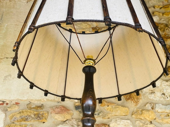 Image 1 of Mid-Century, Turned Wood, Bamboo Rattan Floor Lamp Circa 1950s