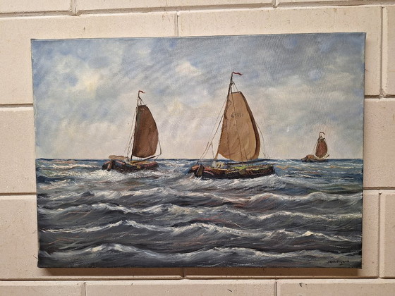 Marine – J. Kaldegnan, Peintures et dessins, Wood, Canvas (photo 2 of 8)