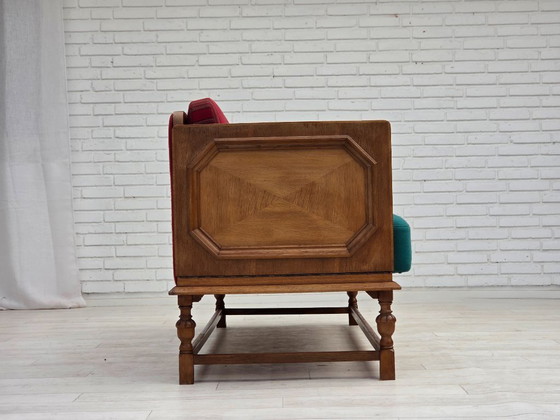 Image 1 of 1950s, Danish 2 seater drop arm sofa, original striped red furniture wool, oak wood.