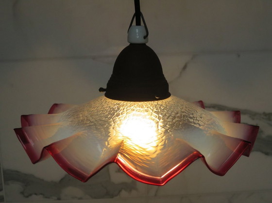 Image 1 of Art Deco glazen hanglamp rood wit zigzag rond