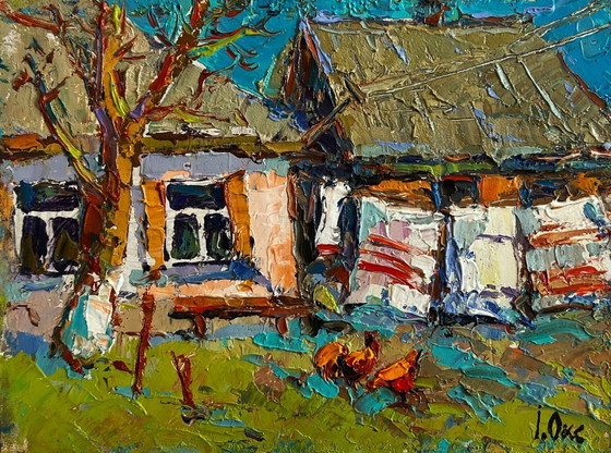 Image 1 of Original Oil Painting Summer House Landscape Village courtyard