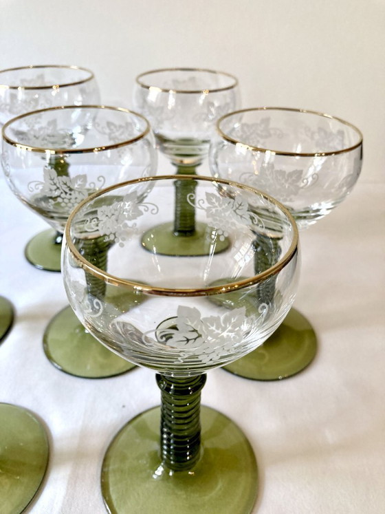 Image 1 of 7 Roemer Alsace wine glasses, moss green stepped stems and gold rim