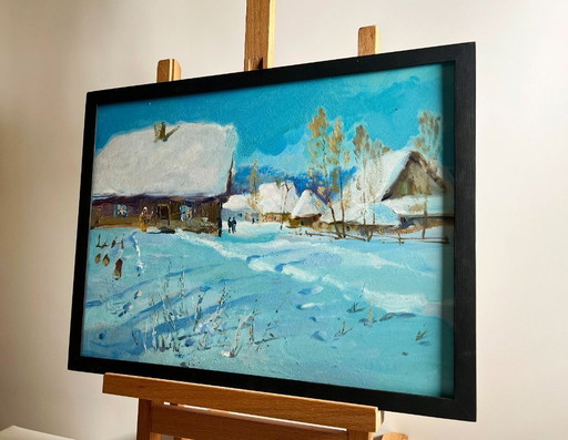 Original Oil Painting Winter Village Landscape Village Winter Tale
