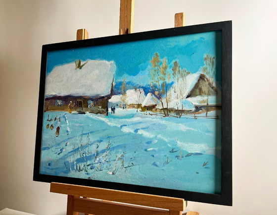 Image 1 of Original Oil Painting Winter Village Landscape Village Winter Tale