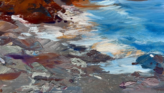 Image 1 of Original Oil Painting Sea Waves Landscape Sea waves are beating against the shore