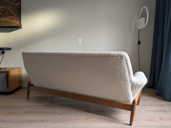 Image 1 of Ib Kofod Larsen for Bovenkamp Sofa in Oak wood and White Boucle Fabric