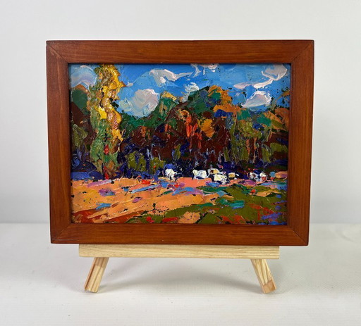 Original Oil Painting Summer Nature Landscape Morning at the edge of the forest