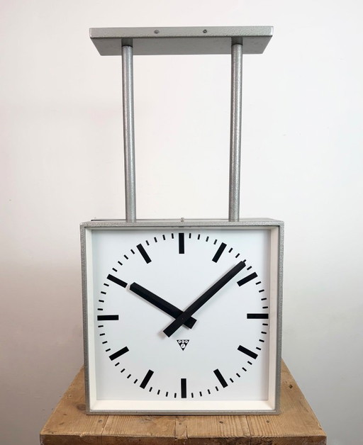 Large Square Industrial Double-Sided Factory Clock from Pragotron, 1960s