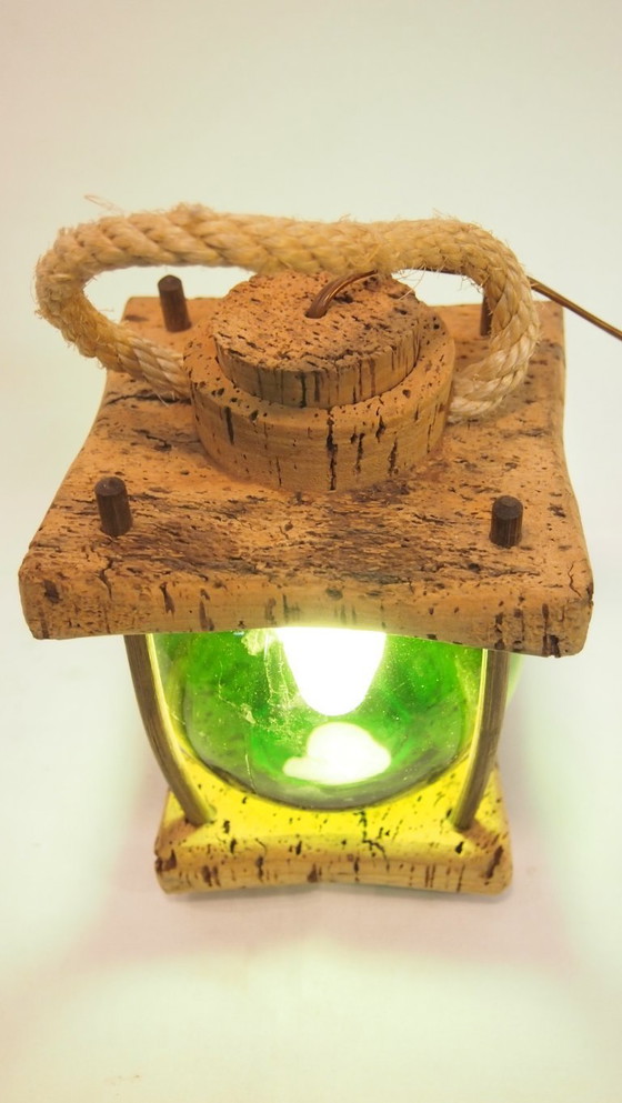 Image 1 of Franse Mid-Century Nautische Lantaarn Tafellamp, Mediterraan Kurk & Gerookt Glas, Jaren 60 Kustontwerp, Vintage Zeedecoratie