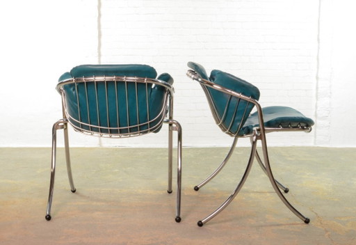 Gastone Rinaldi Italienisches Mid-Century Design Esszimmerstühle aus hellblauem Kunstleder, Modell Lynn für Rima, Italien,