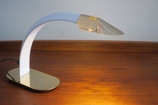 Vintage Italian Inscribed Leather and Gold-Plated Brass Cobra Table Lamp, 1970s