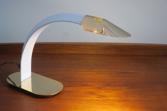 Image 1 of Vintage Italian Inscribed Leather and Gold-Plated Brass Cobra Table Lamp, 1970s