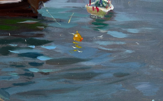 Image 1 of Original Oil Painting City Coastal Landscape Ship at the pier
