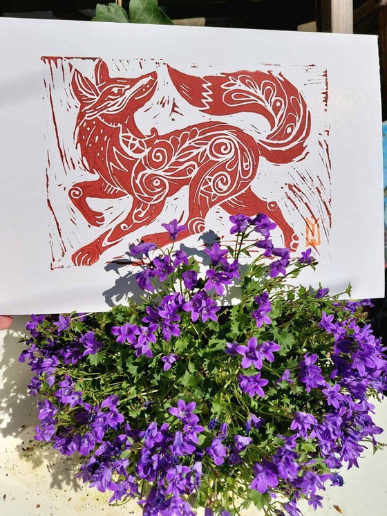 Image 1 of Handgemaakte vos Linosnede Print