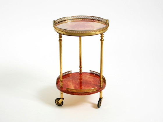 Image 1 of Round, small 1960s Aldo Tura serving or bar trolley in red goatskin leather | Made in Italy