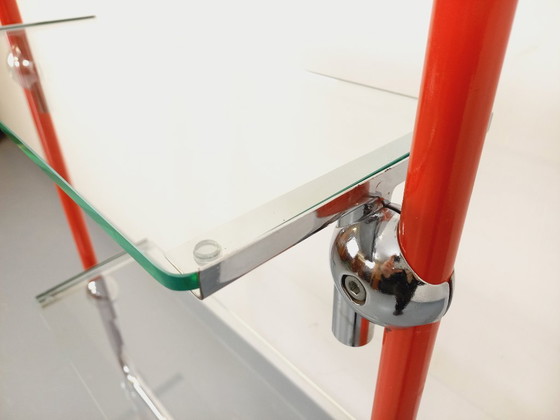 Image 1 of Modular Bauhaus-style vintage bookcase in red metal, chrome and glass from the 1970s