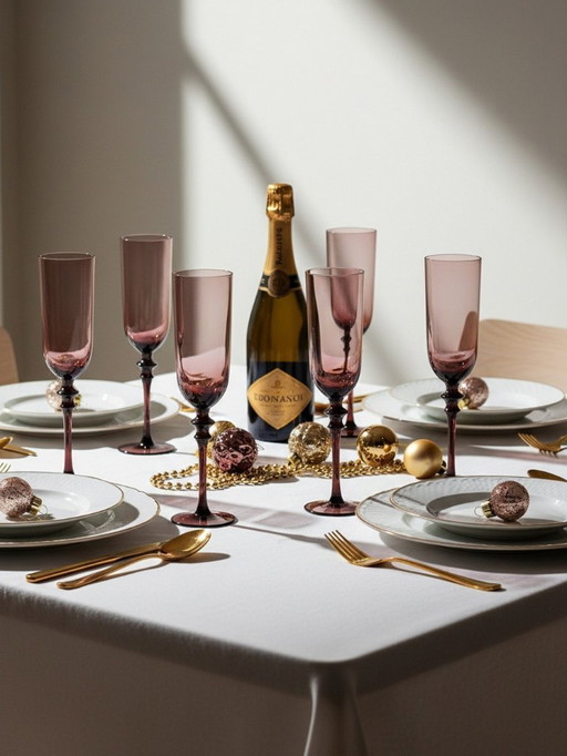 Lot de 6 grandes flûtes à Champagne vintages 70-80's verre soufflé violine