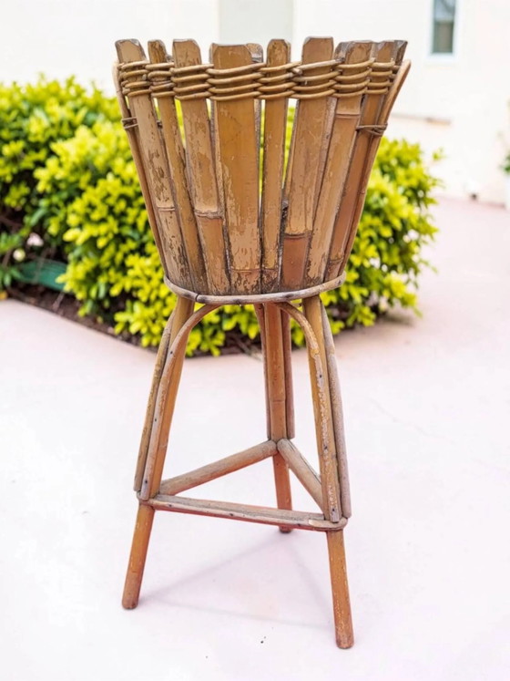 Rotan plantenstandaard uit de jaren 60 – Plantenbak, Wicker, Rattan, Bohemian (photo 3 of 7)