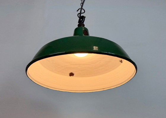 Image 1 of Industrial British Green Enamel Factory Pendant Lamp, 1960s