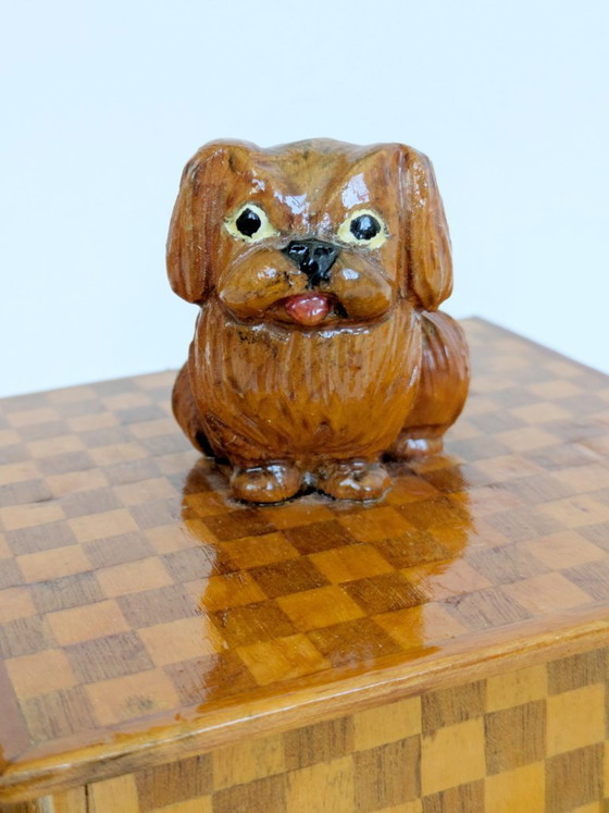 Image 1 of Midcentury Handmade Wooden Trinket Box, Dog Figurine Lid Checkered Pattern, Quirky Decor
