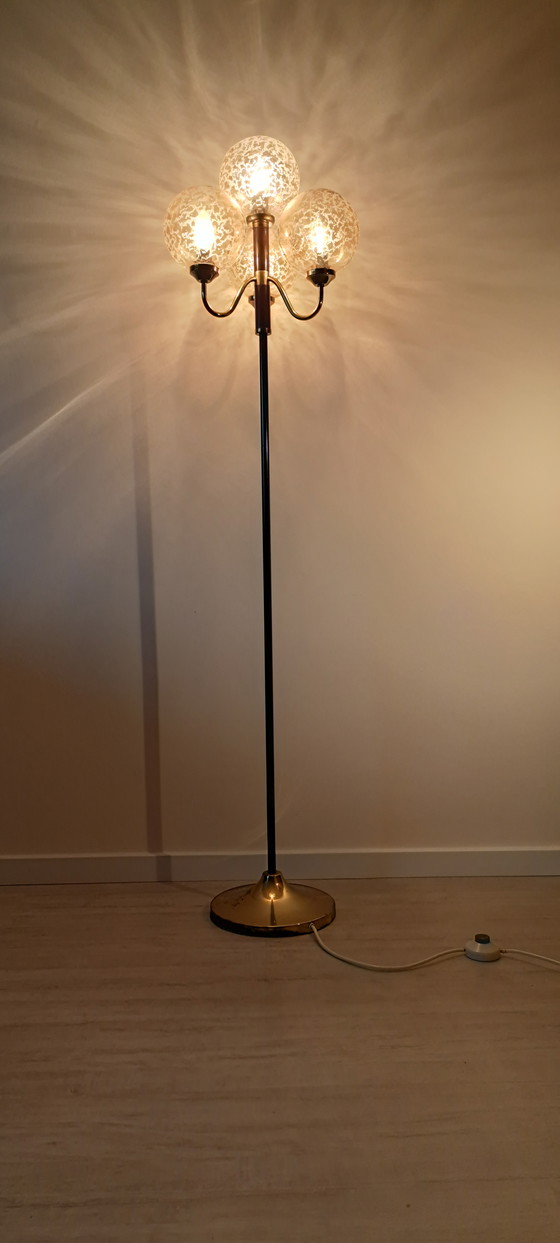 Image 1 of 🟡 Vintage Brass & Brown Metal Floor Lamp – 3 Textured Glass Globes – Germany 1970s