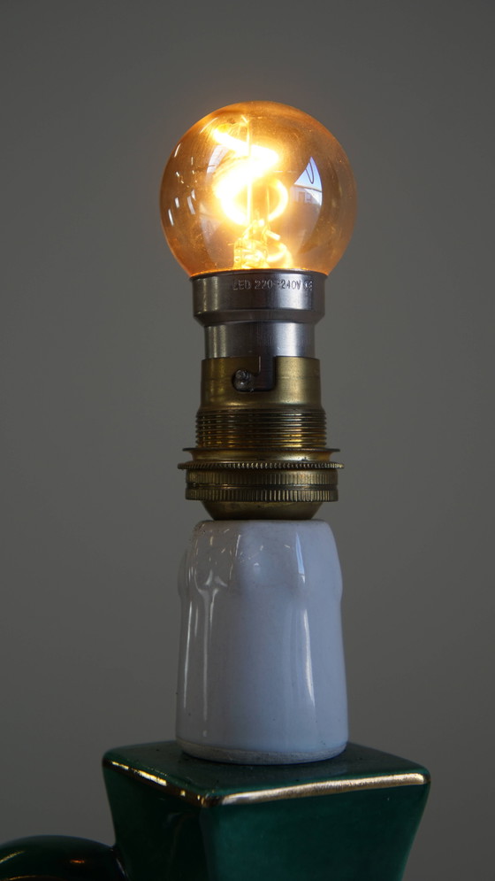 Image 1 of Vintage Groen Keramieken Frans Lampje Met Gouden Accenten